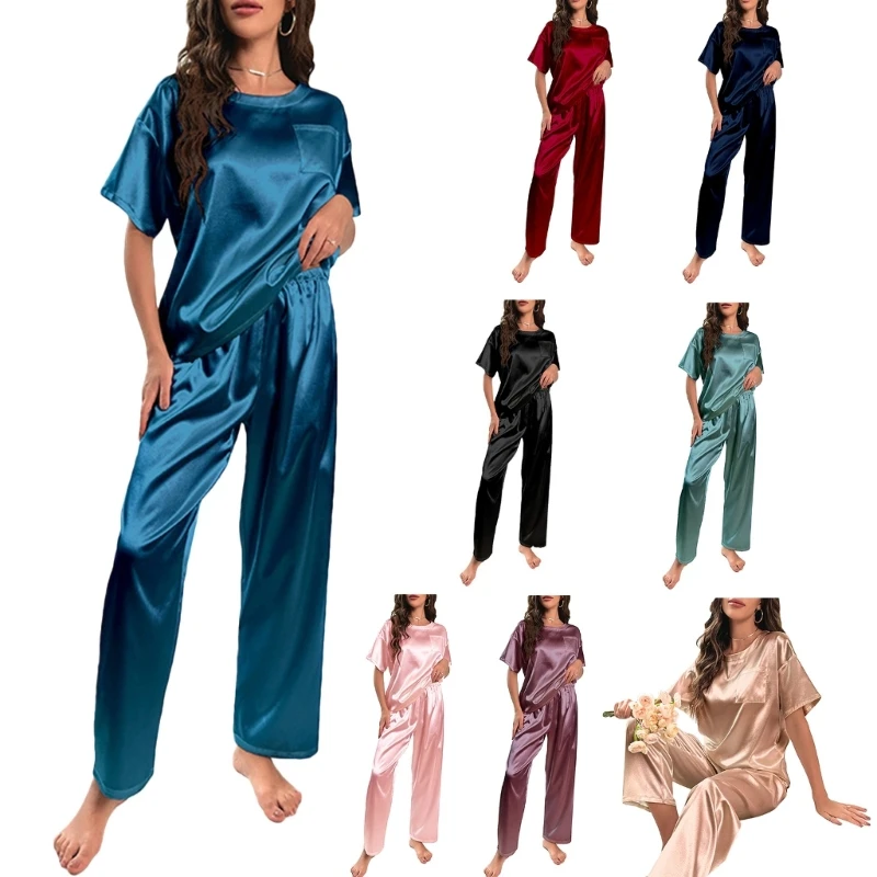 Womens Satins Silky Pajamas Set Short Sleeve Shirt with Long Pajamas Pant Set Soft PJ Loungewear S-XXL