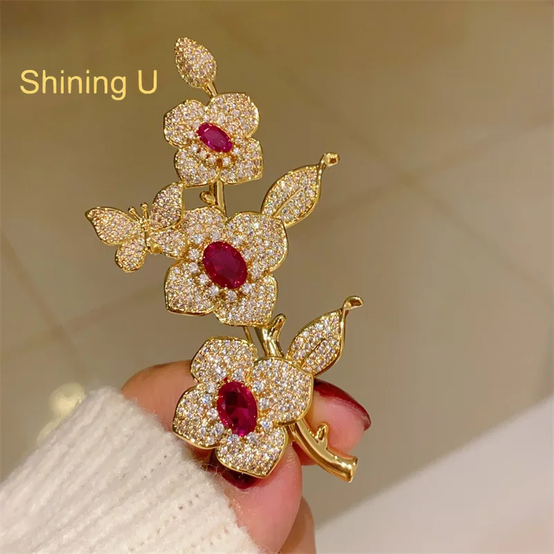 

Shining U Red Corundum Floral Simulated Emerald Brooch for Women Gold Color Fashion Accessory Gift