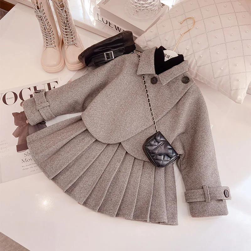 Children Coat Outwear+Skirts Cute Princess Style Pleated Skirt Thickened Warm Jacket Gift Fashion Girls Suit Autumn and Winter