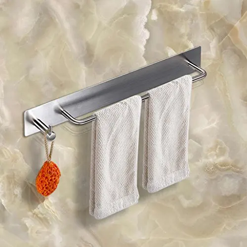

Brushed Stainless Steel Adhesive Towel Holder With Hook, 34cm Wall-Mount Rack For Bathroom, Kitchen And Bedroom