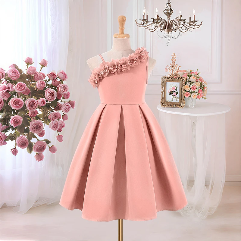 Spring And Summer Women's And Children's Casual Elegant Single Shoulder Suspender Three-Dimensional Flower Fluffy Dress