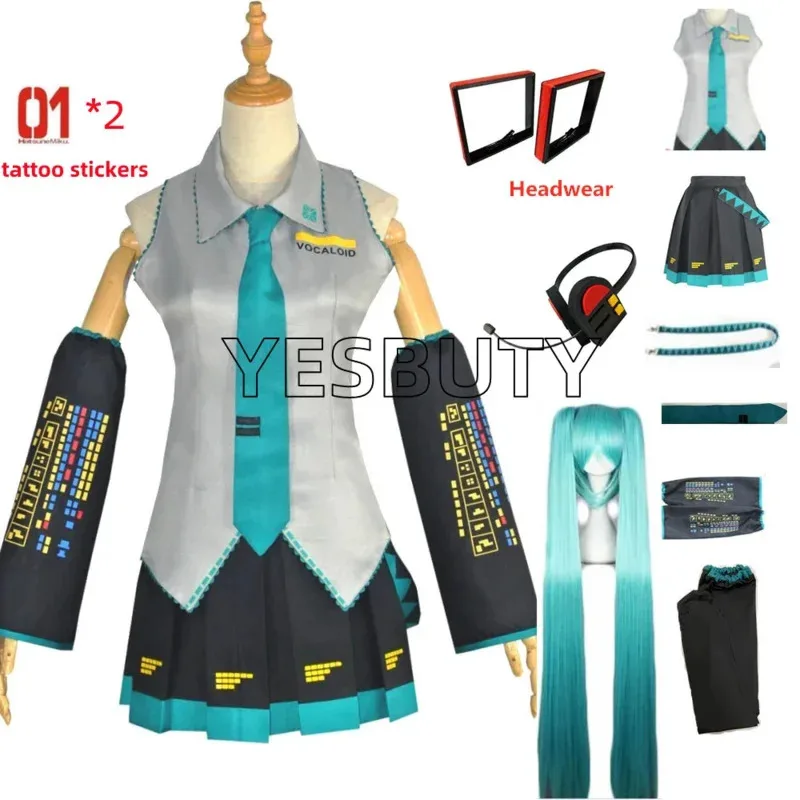 

Miku cosplay costume anime midi dress top skirt suits female Halloween Christmas party clothes free stickers