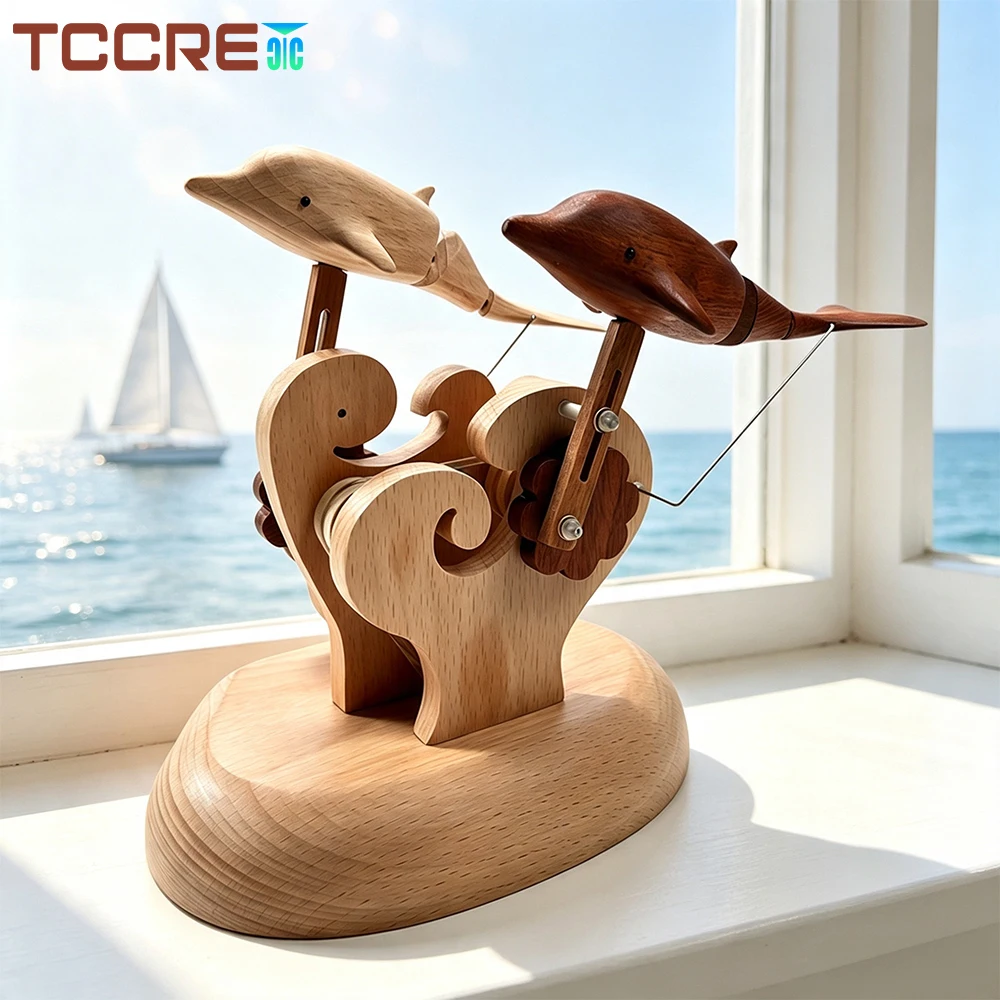 Wooden Dynamic Dolphin Model, Kinetic Marine Art with Moving Dolphins, Handcrafted Desk Decor Display for Adults Hobbyists Gift