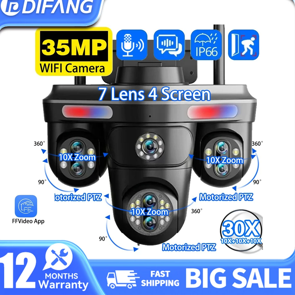 

35MP 7 Lens 4 Screens Outdoor WiFi Security Camera Wireless 30X Zoom Three Rotating PTZ Auto Tracking Smart Home CCTV IP Camera