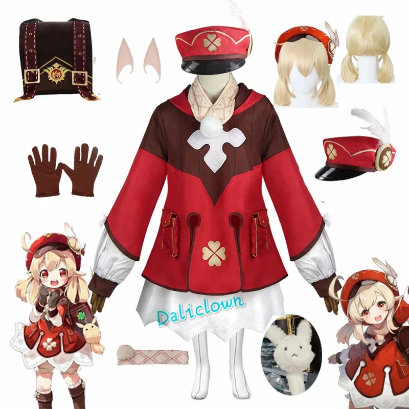 Genshinimpact Klee Cosplay Kostuum Rugzak Dododoco Pruik Klee Kids Outfit Jurk Tas Schoenen Halloween Carnaval Strip Voor Kinderen Vrouwen