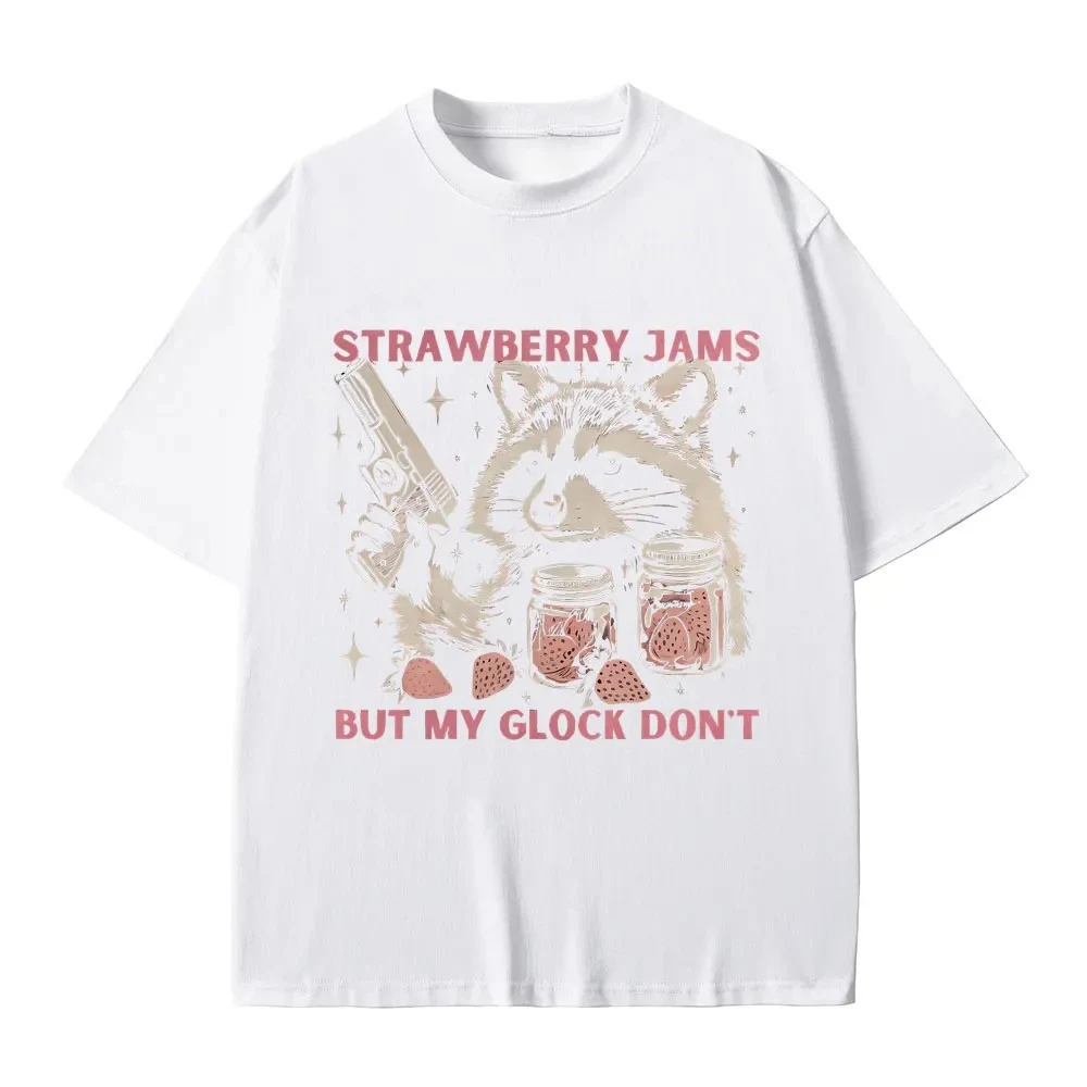 Mermeladas de fresa pero mi Glock no divertido mapache Meme camisetas mujeres Casual Vintage manga corta ropa de calle Top transpirable