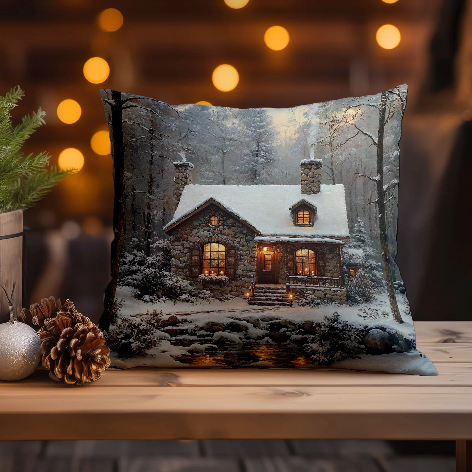 1pc Winter Snow Cabin Double‑Sided Print Pillow Cover, Cushion Case for Sofa Bedroom, Insert Not Included, Xmas Decor
