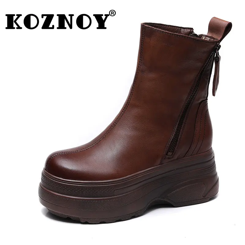 Koznoy 7cm New Genuine Leather Ankle Mid Calf Chimney Booties Autumn British Retro Double ZIP Ethnic Platform Woman Ladies Shoes