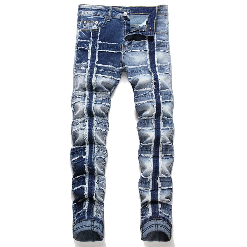 

New Trendy Brand Patch Patchwork High Street Rough Edge Micro Stretch Jeans For Men Slim Fit Youth Casual Denim Pants