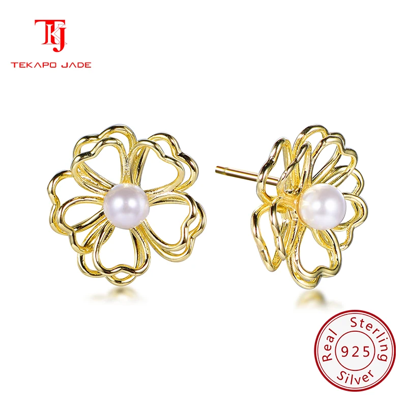 

TKJ JEWELS 100% 925 Sterling Silver Stud Earrings Gold Plated 15mm Flower Shaped Pearl Earrings Jewelry for Women KE35959