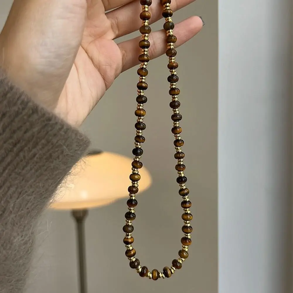 New Round Tiger Eye Stone Artificial Glass Retro Chain Choker Stackable Neck Maillard Jewelry Accessories for Women