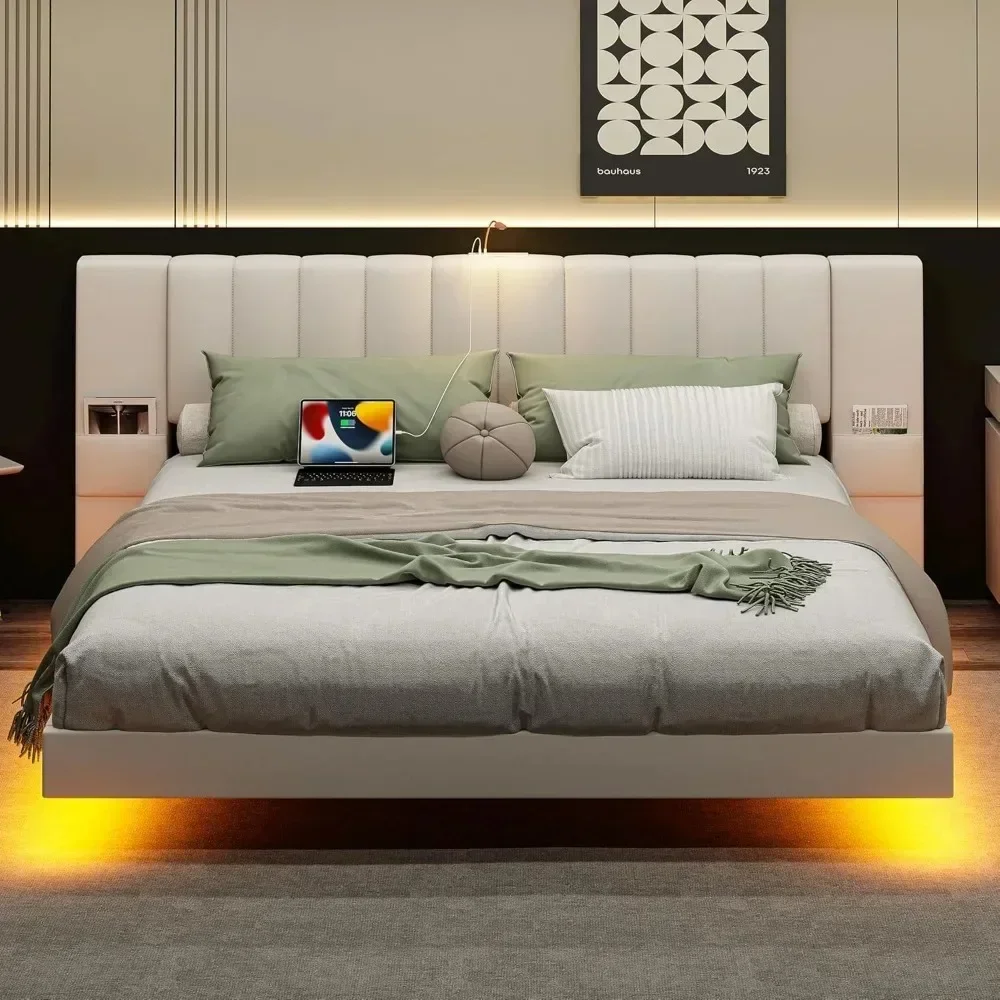 Floating Bed Frame Full Size with Wide Padded Headboard & LED Lights & Charging Station, Full Upholstered Platform, Bed Frame