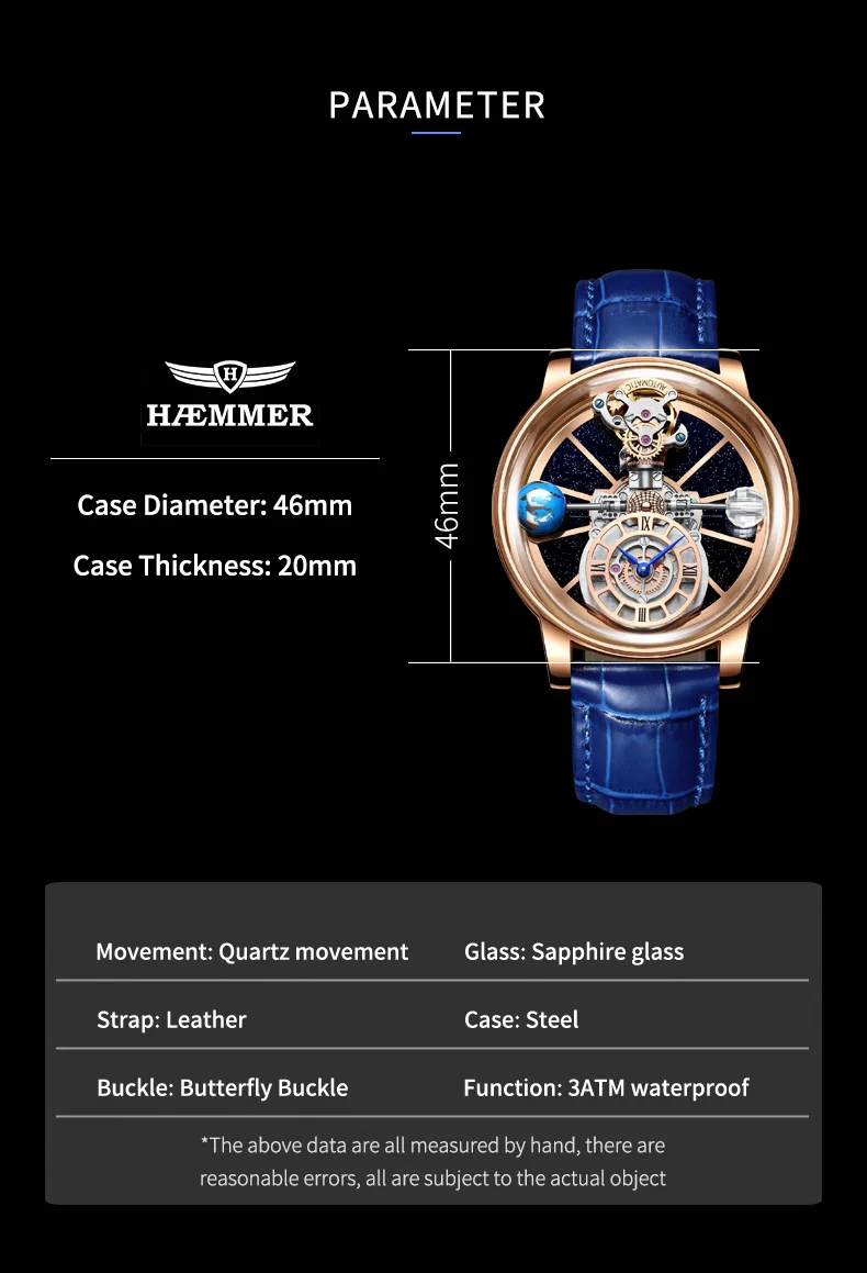 2024 HAEMMER Celestial Men\'s Watch Transparent Case Design Men\'s Leather Quartz Watch Time Adjustment Jacob Relogio Waterproof