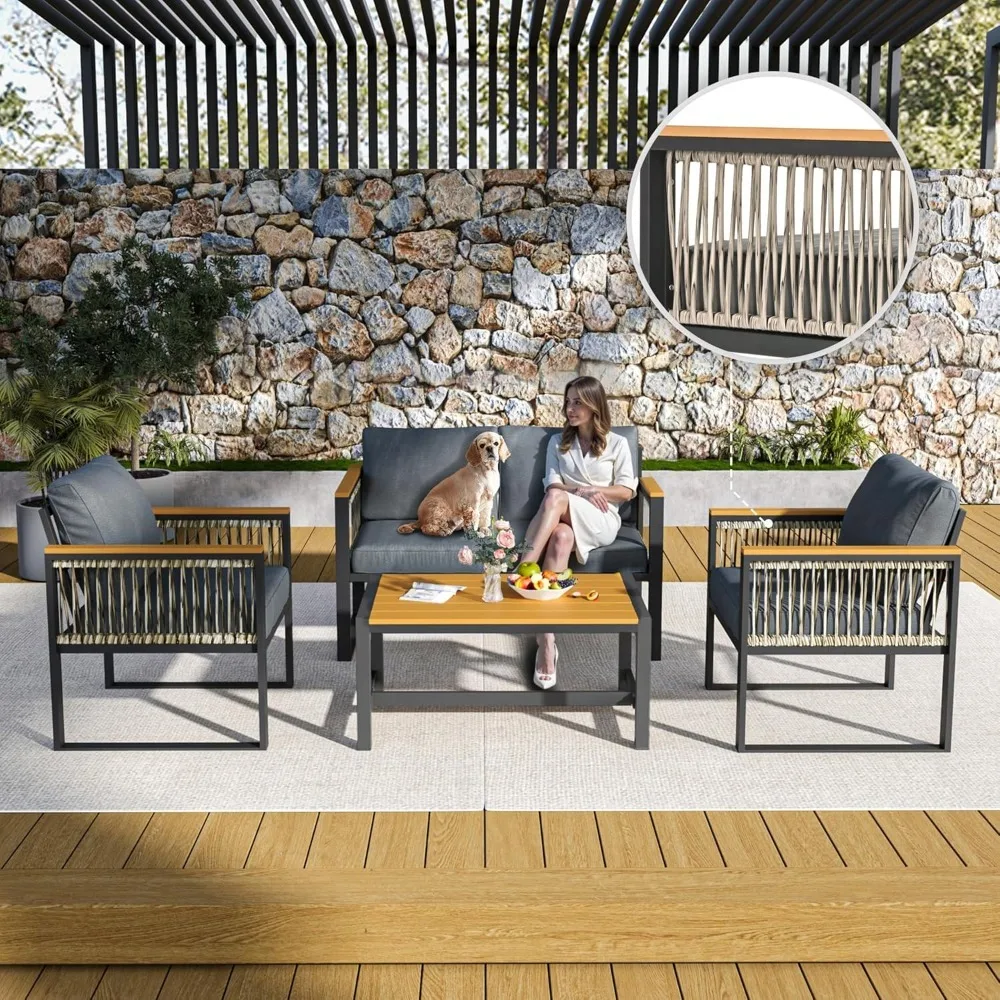 4 Pieces Outdoor Patio Furniture Set with Wicker Handrails, Plastic-Wood Balcony Furniture with Wicker Arm Panel