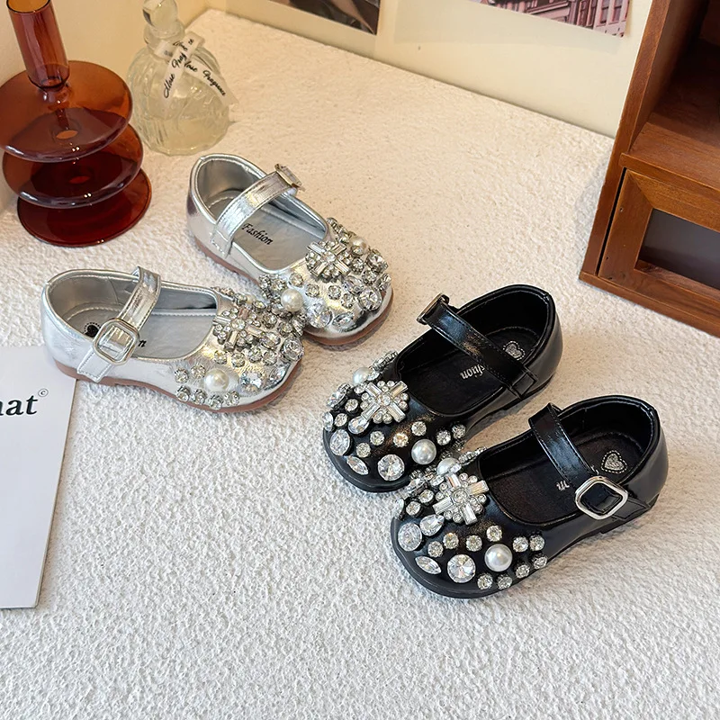 

Girls' Spring Autumn New Princess Shoes Fashionable Soft Sole Non-slip PU Leather Rhinestone School Student Loafer