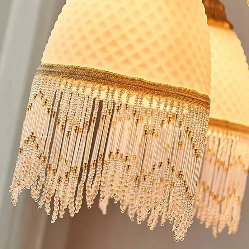 SANDYHA All Copper Grid Tassel Chandelier Walnut Wood LED Lights Parlor Bedroom Dining Table Lighting Home Decoration