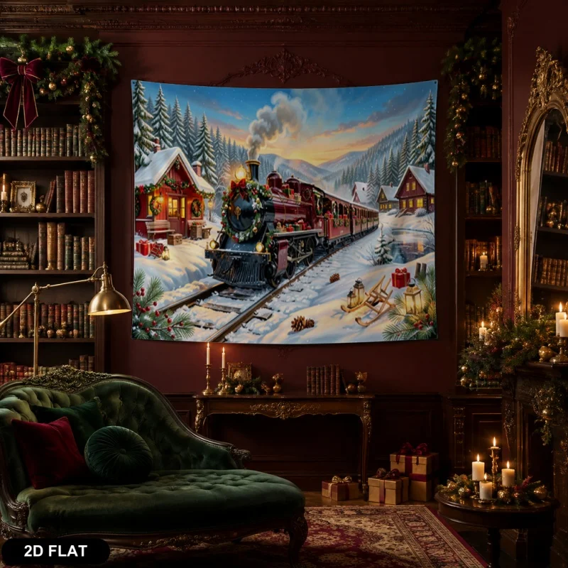 2D Flat,1pc Printed Tapestry, Christmas Steam Train Snow Town Pattern, Holiday Wall Decor, for Living Room,Bedroom