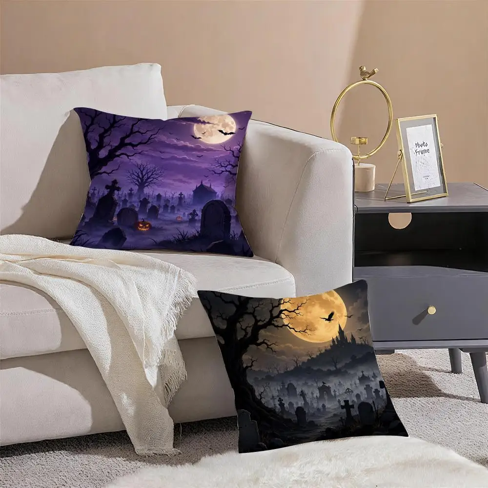 Halloween Graveyard Panorama Cushion Cover Pillowcase Short Plush Invisible zipper Room Sofa Cushion Cover