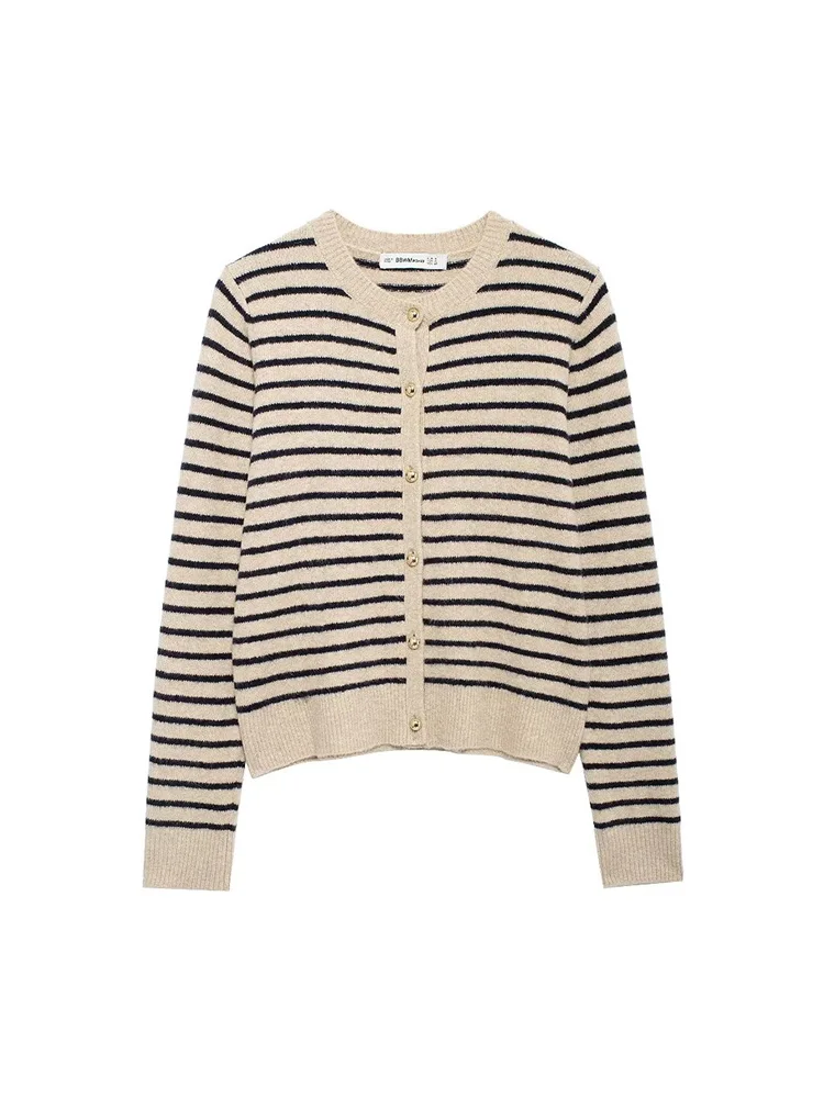 2024 New Women Fall Winter Striped Knitwear Vintage Ladies Long Sleeved Round Neck Double-breasted Jacket