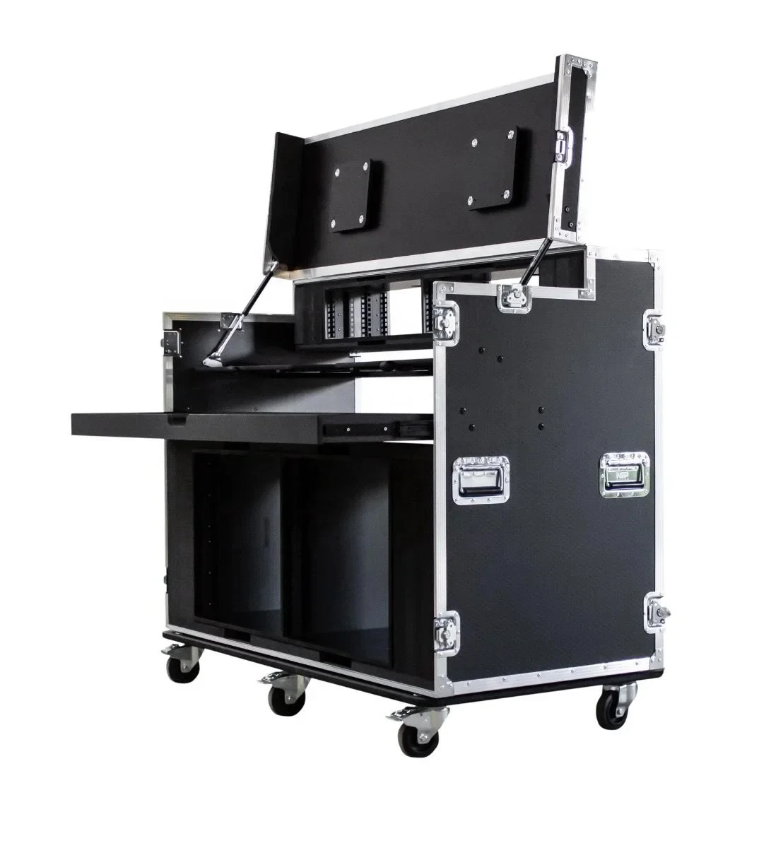 Portable custom Unit flight case with Video Production Workstation and Pull Out Drawer