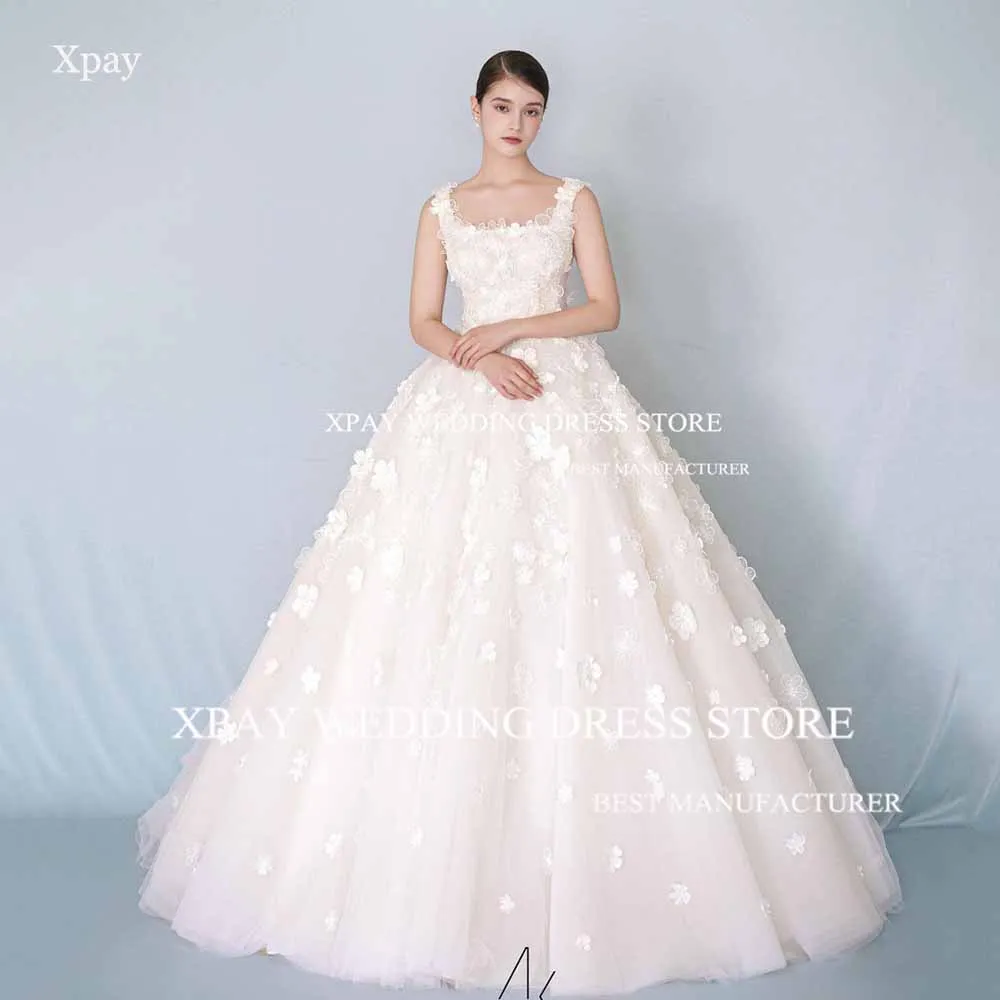 XPAY Gorgeous Square Neck Korea Ball Gown 3D Flowers Lace Appliques A Line Wedding Dress Photography Shoot Wide Strap Bride Gown