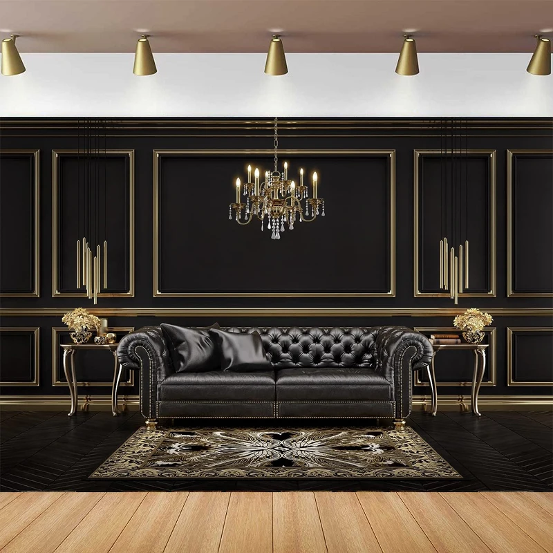 Great Black And Gold Birthday Photography Backdrop Luxury Chandelier Leather Sofa 20s Carpets Vintage Room Inside Background