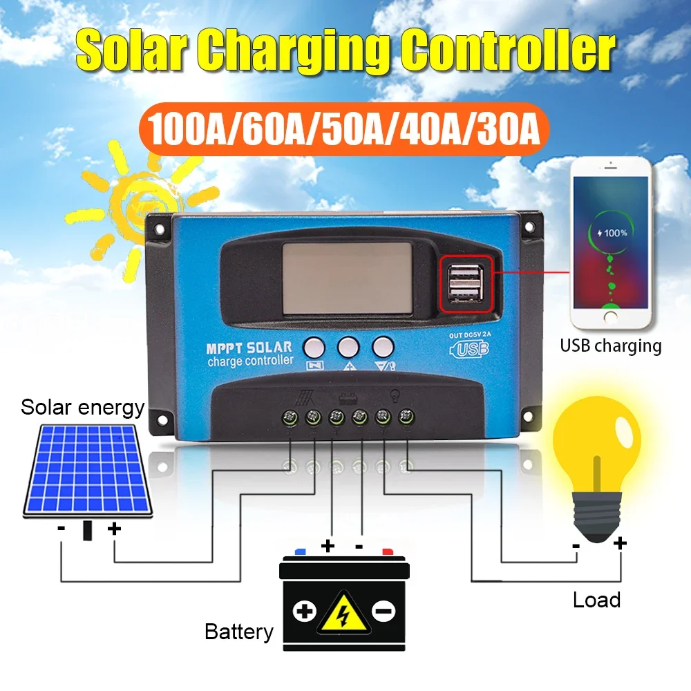 MPPT Solar Charge Controller 50A 60A 100A Dual USB LCD Display Solar Cell Panel Charger Regulator with Load 12V 24V