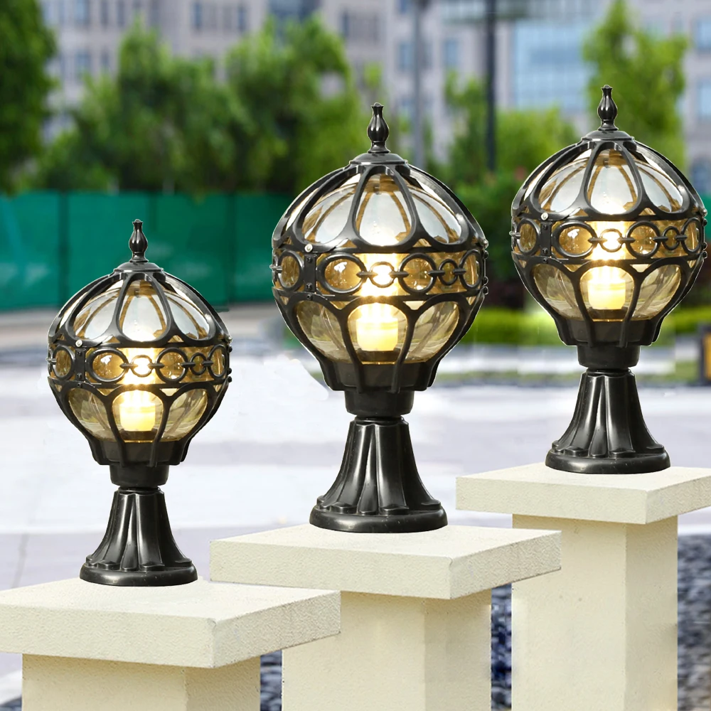 Mengjay Outdoor Pillar Lamp Globe Glass Shade Door Post Lamp Waterproof Antique Lighting Rainproof Pillar Light