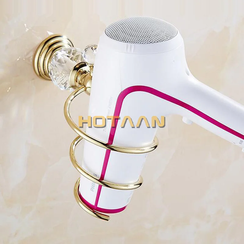 gold Crystal Bathroom Wall Shelf Wall-mounted Hair Dryer Rack Storage Hairdryer Support Holder Spiral Stand Holder YT-12899