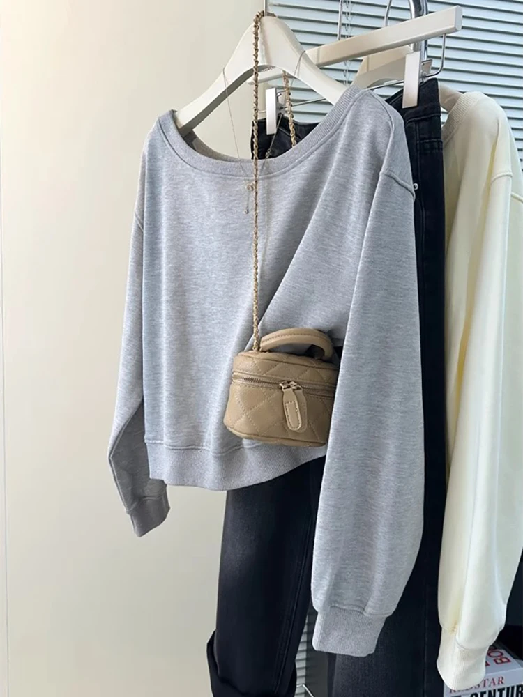 

Корейская толстовка-худи на одно плечо с длинным рукавом для женщин, весна-осень, тонкая, свободная, укороченная, размер S