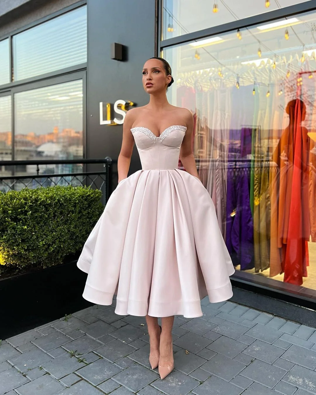 Sevintage A Line Satin Prom Dresses Sweetheart Tea-Length Evening Dress Wedding Party Gown Women Dance Skirt 2022