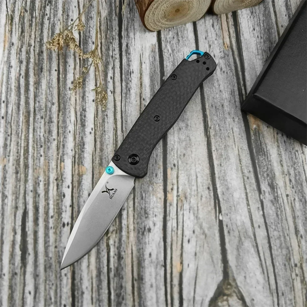 HUAAO 533 Tactical Folding Knife Silver D2 Blade Carbon Fiber Handle Outdoor EDC Survival Camping Hiking Hunting Climbing Tools