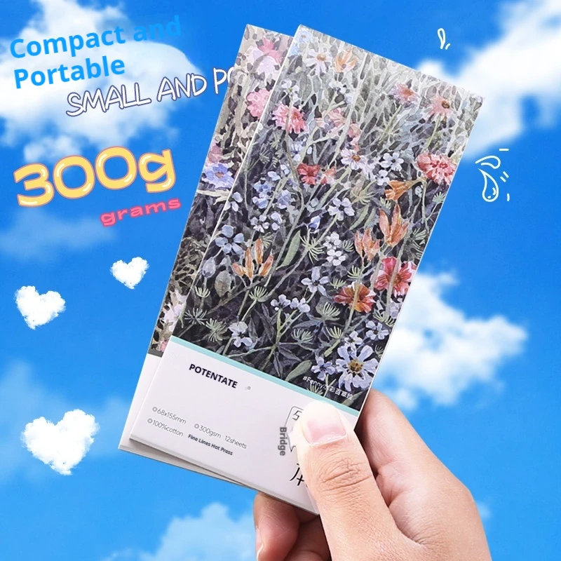 POTENTATE Mini Portable Watercolor Paper Notebook Sketching Travel Watercolor Tool 300g Thick /12 Sheets  Art Student Special