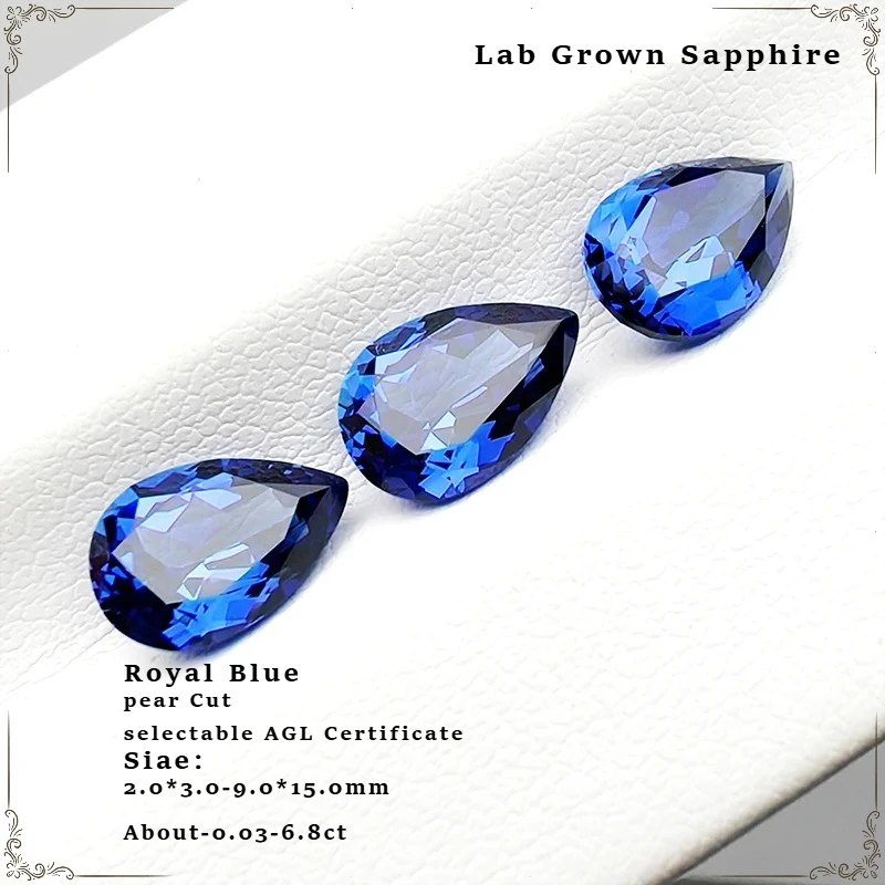 

High-Grade Lab Grown Sapphire, Royal Blue Pear Cut AAA+ Clarity, AGL Verified for Custom Jewelry Design and ProfessionalCrafting