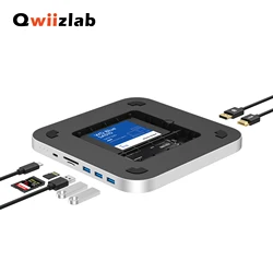 Qwiizlab USB C Hub for Mac Mini with Dual Drive Enclosure SATA NVMe M.2 SSD Type-C 10Gbps SD Card Reader Docking Staion HDMI DP