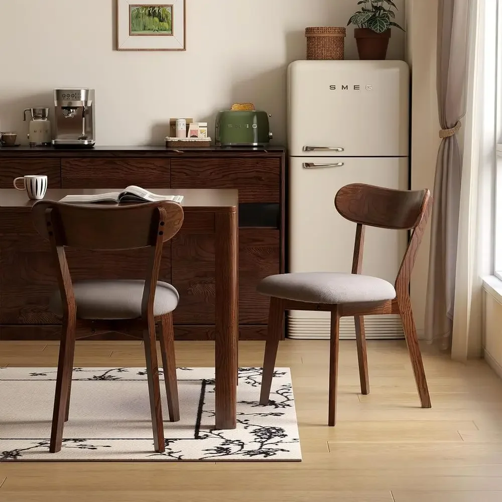 Solid Wood Upholstered Dining Chairs, Modern Oak with Curved Back and Wing Design, Walnut, Grey Cushion (Set of 4)