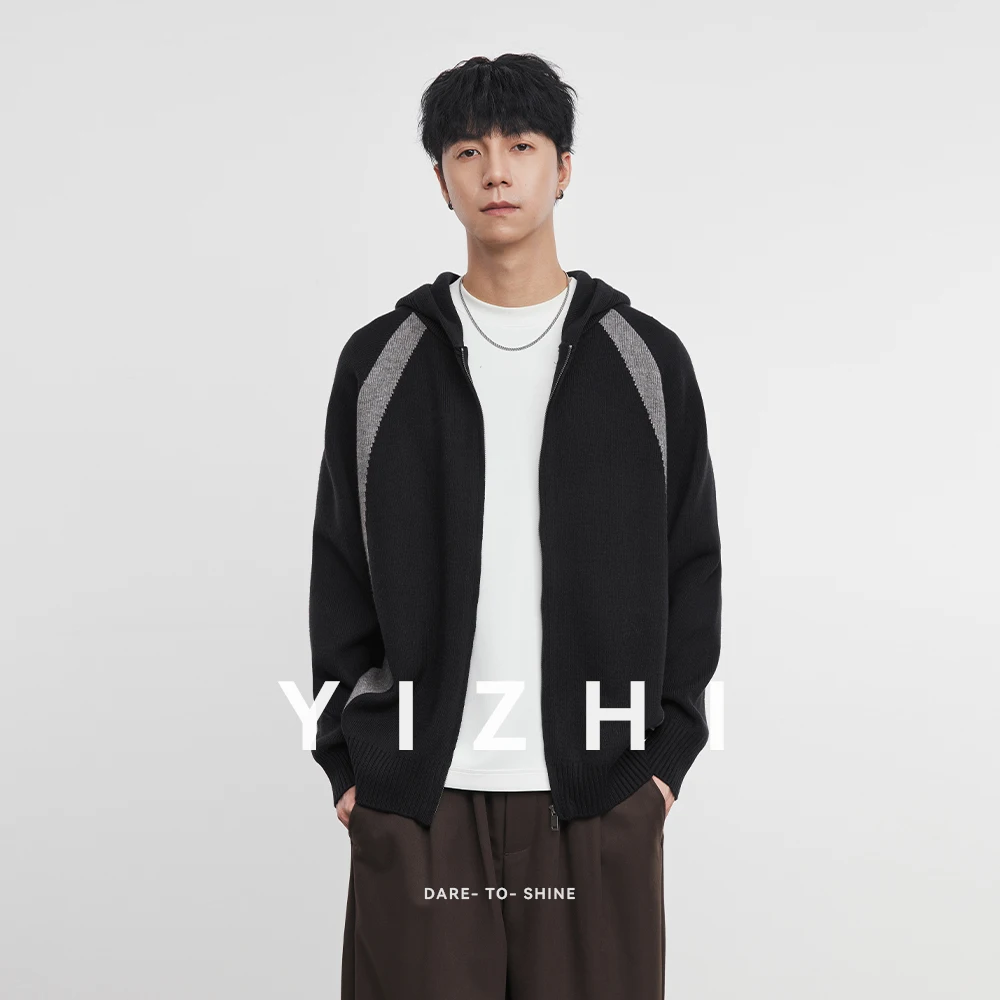 

Fashion Men's Casual Full Zip Hooded Cardigan 2025 Winter New Contrast Panels Knitted Jacket Soft Long Sleeve Outerwear Top