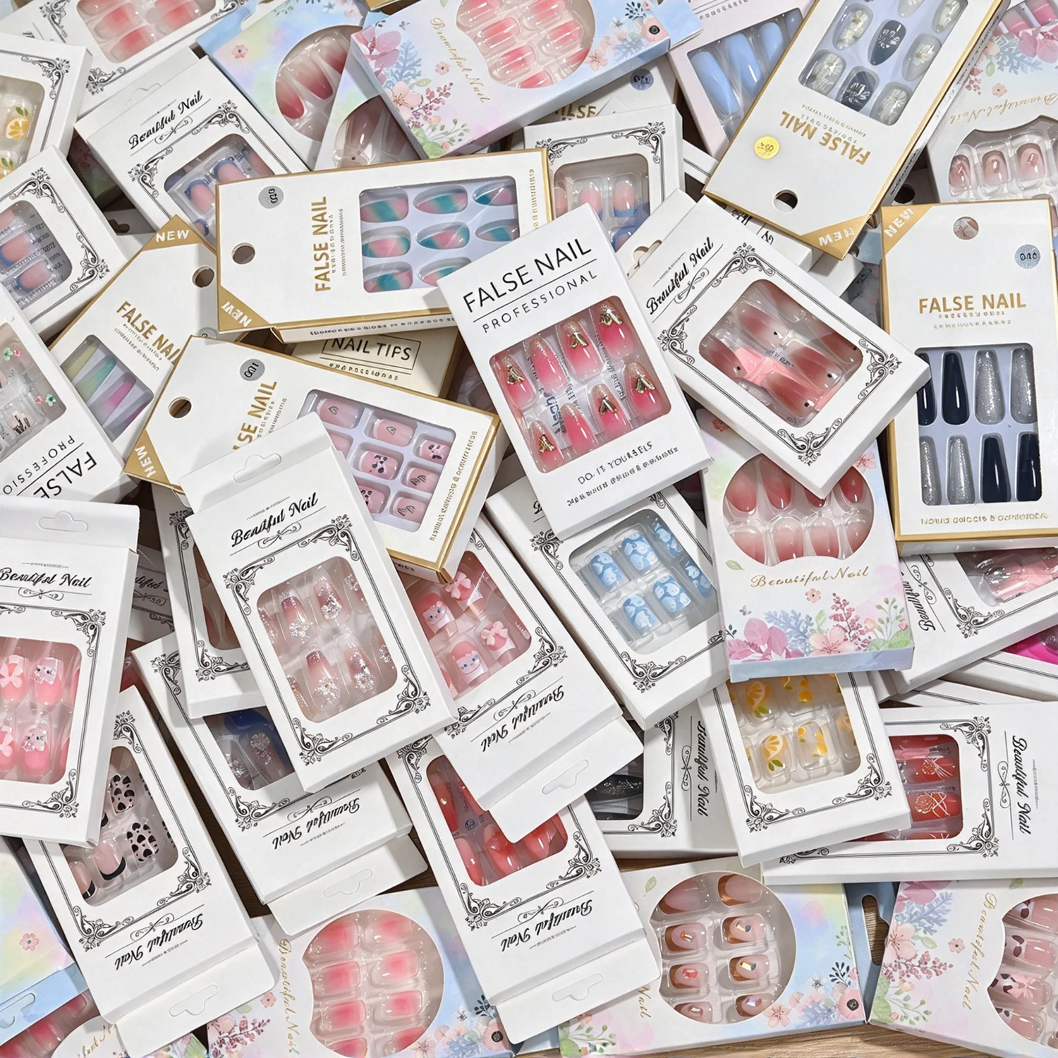 Random 1Box 24Pcs Press On Nails Mixed Design Full Cover False Nail Tips Assorted Styles Almond Square Coffin Fake Nails Decor