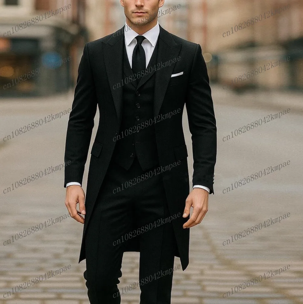 

New Black Long Blazer Formal Men Suit Wedding Party Groom Groomsman Prom Business Male Tuxedos 3 Piece Set Jacket Vest Pants