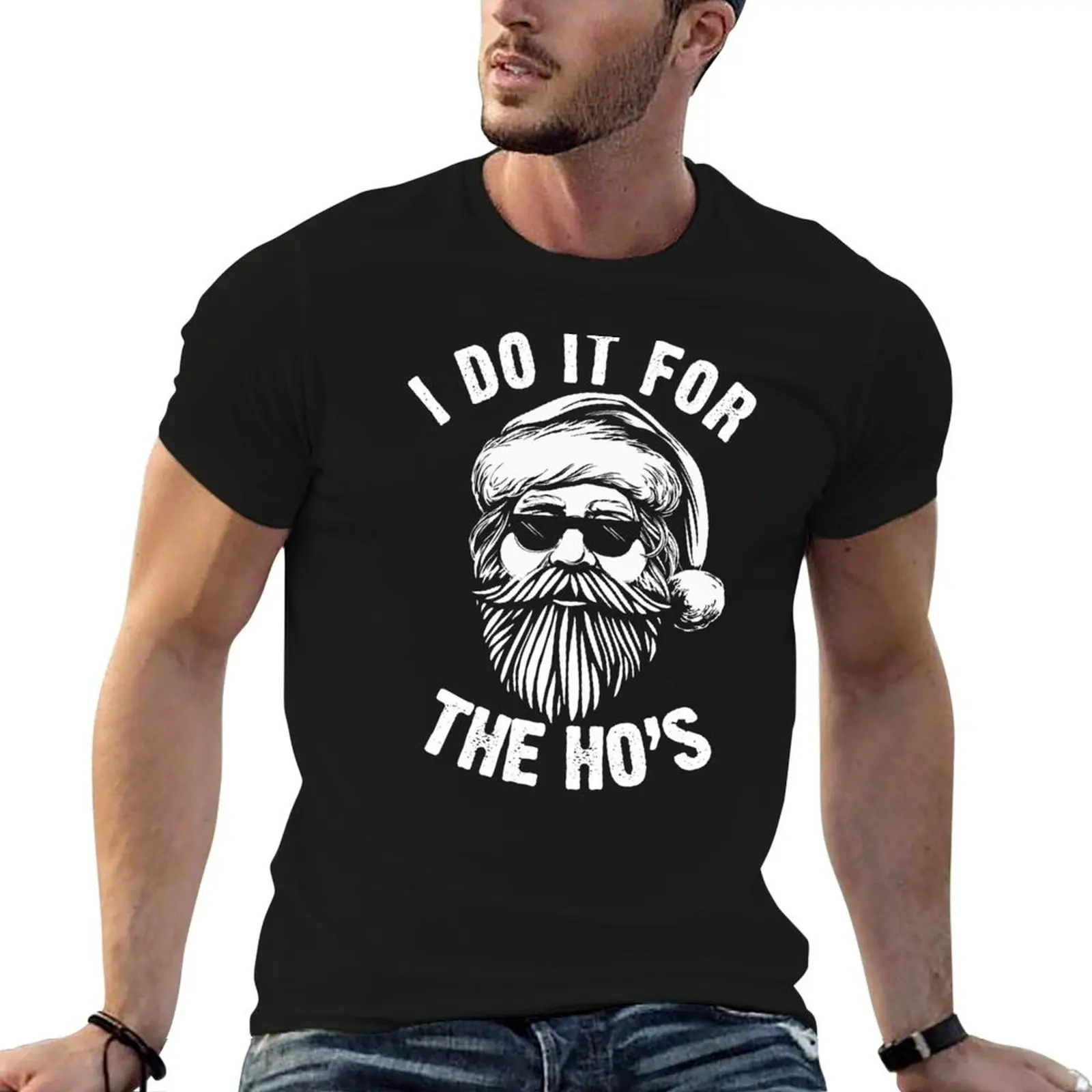 

I do it for the Hos funny naughty Christmas gift with cool Santa face T-Shirt black cotton t-shirt plain for man package T-Shirt