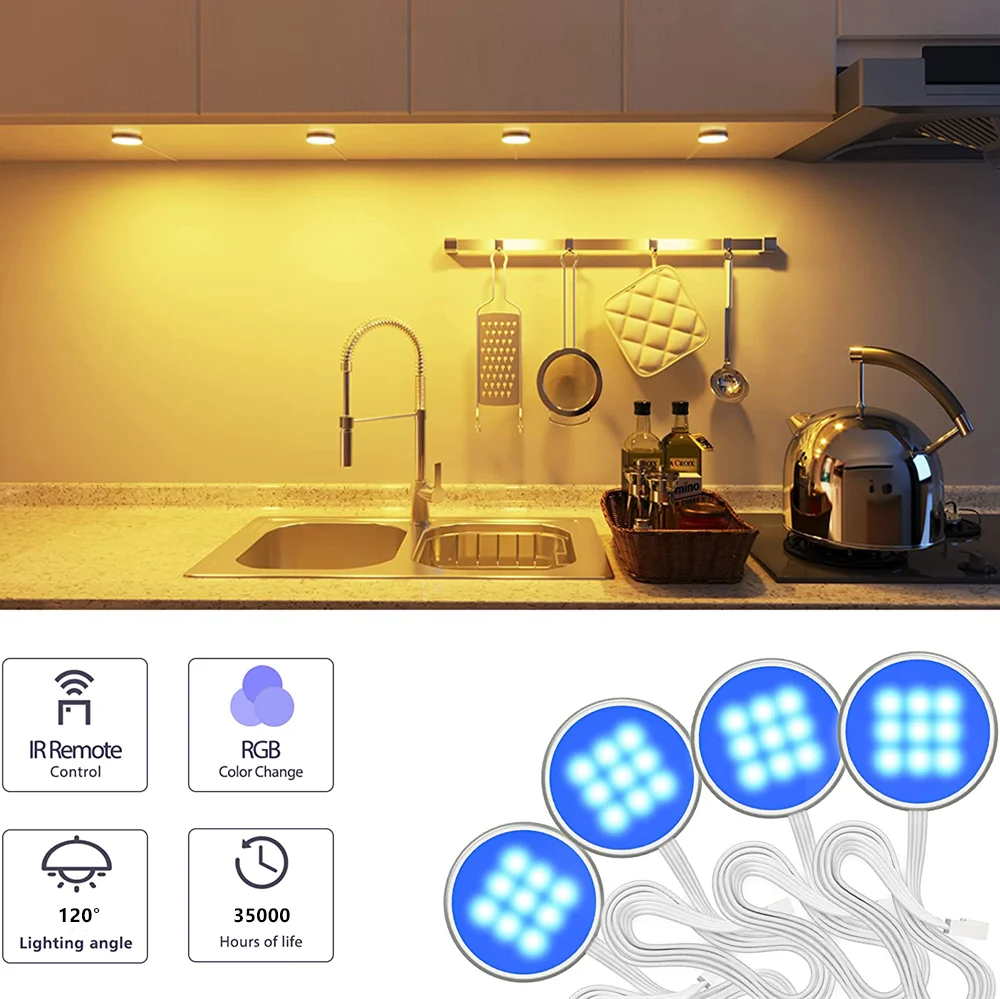 Kit de luces LED redondas RGB para debajo del armario, regulable que cambia de Color luz de techo, luces de disco para cocina, 3/4/6 Uds.