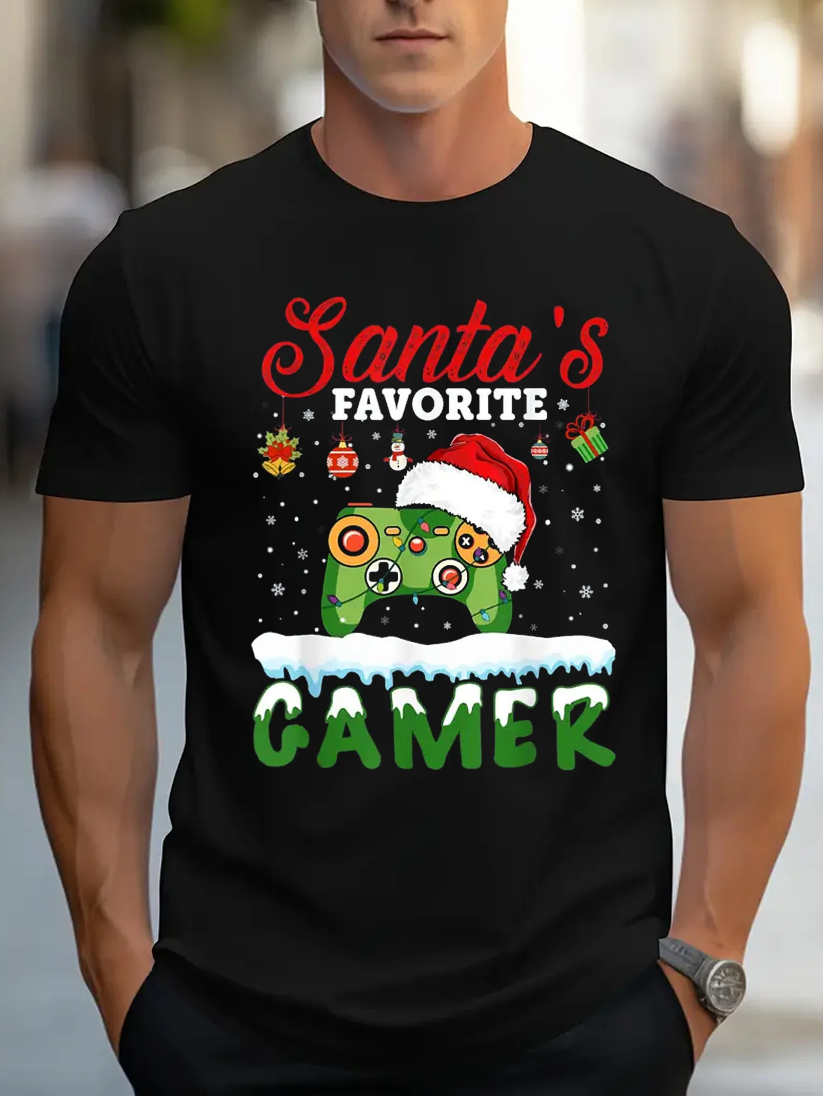 

Men's Christmas Gamer T-Shirt Santa's Favorite Gamer Graphic Green Controller with Snowflake Design Black Holiday Gaming Party Gift T-Shirt Machine Washable Convenient Casual Comfortable Short Sleeve Top Fun Print