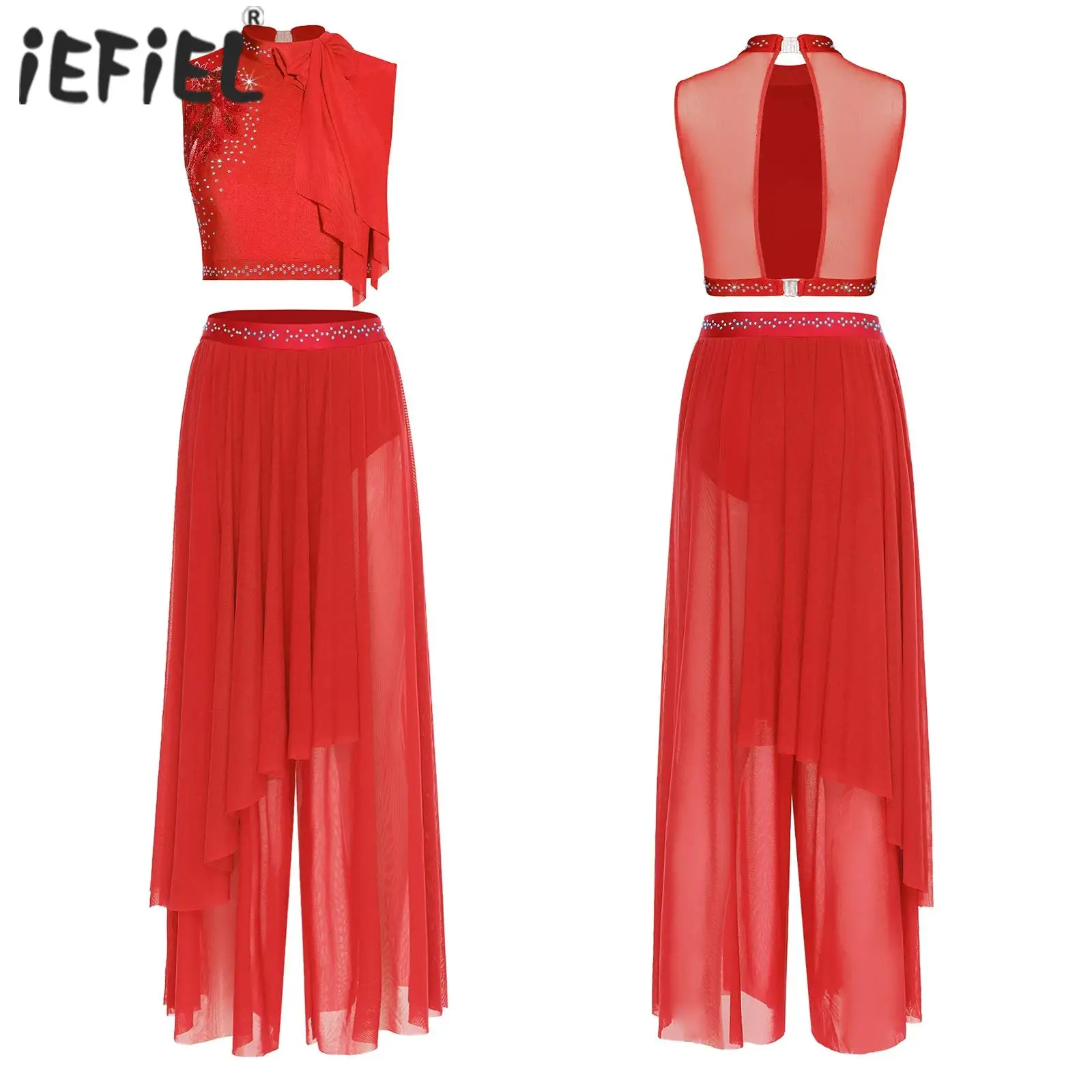 Ensembles de danse lyrique de ballet pour femmes, tenue contemporaine moderne, broderie sans manches au dos, haut court ajouré avec pantalon à jambes larges