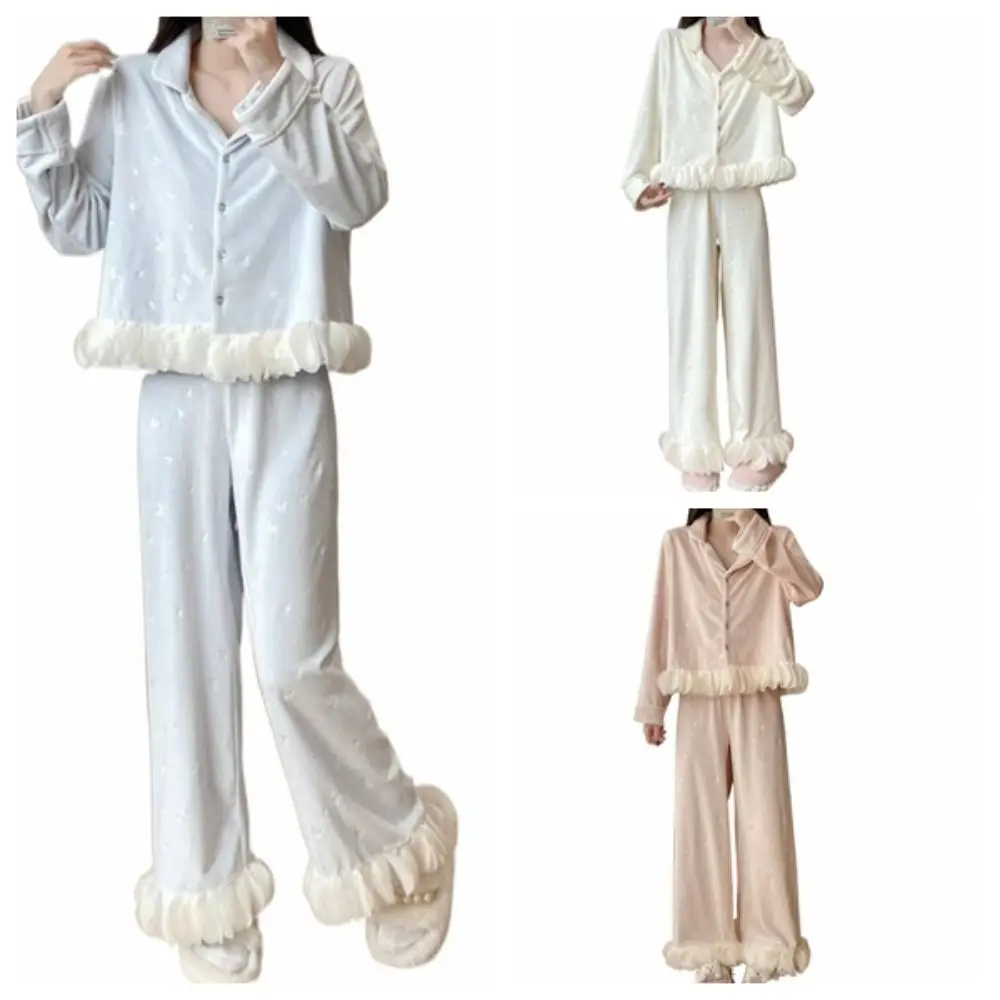 Ins Long Sleeve Bow Pajamas Set Sweet Ruffle Velvet Pajamas Suit Casual Home Wear Warm Thicken Sleepwear Girl