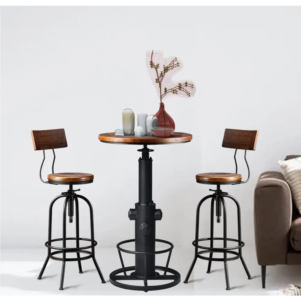 3-Piece Bar Height Table & Stools Sets for Cocktail Bistro Home Pub Party,Weld Metal Legs Round Wood Top,Rustic Brown Industrial
