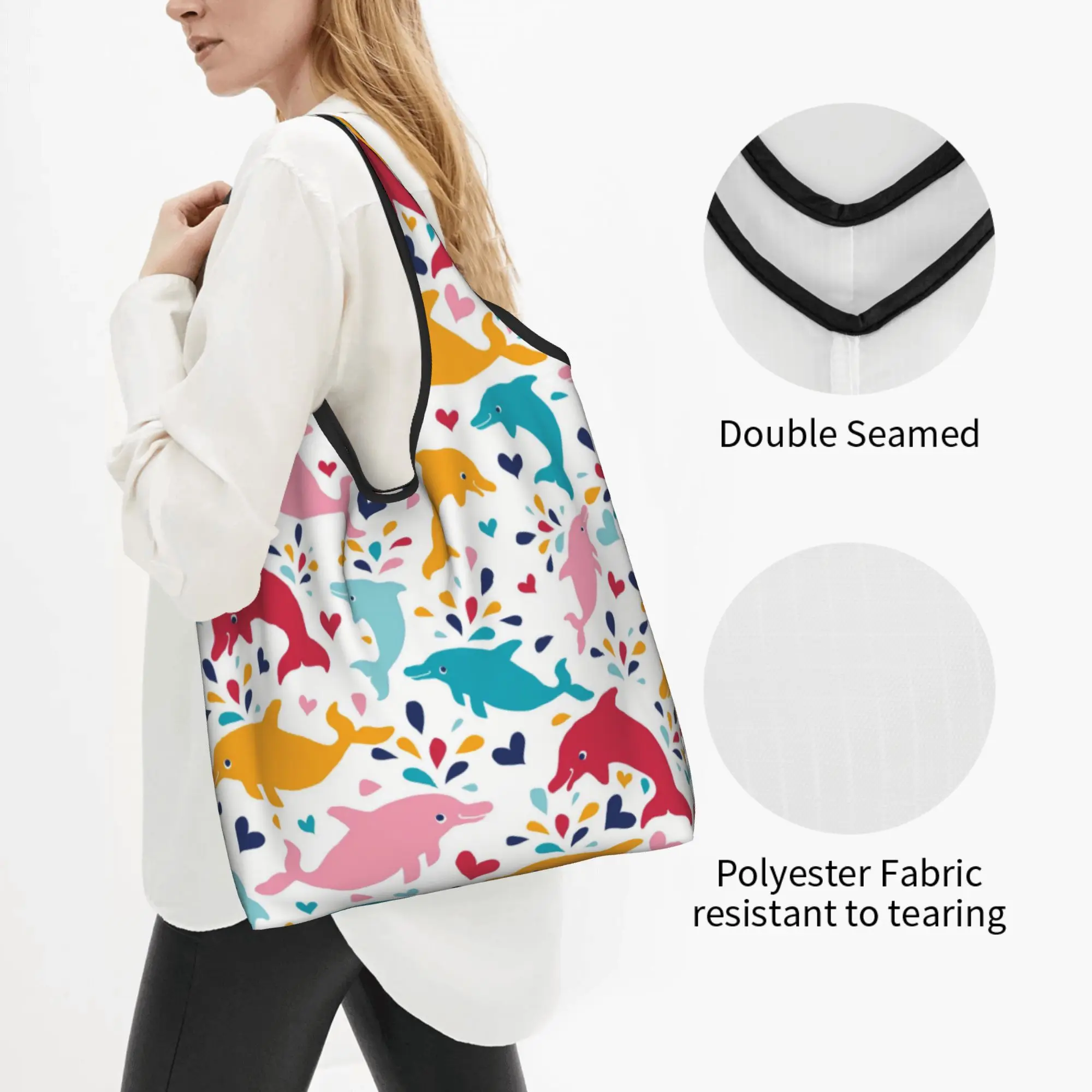 Kawaii Funny Colourful Creative Dolphins Printed  Shopping Tote Bags Portable  Grocery Shoulder Shopper Bag