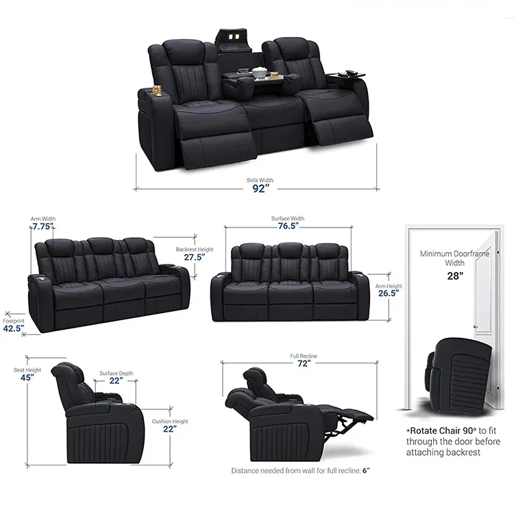 Fauteuil inclinable électrique en cuir Mars Top, canapé de cinéma maison LED, table basse, personnalisé, privé, luxe, italien