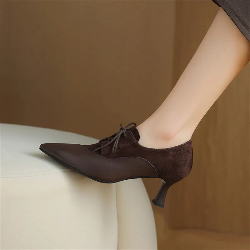 New Spring Autumn Genuine Leather Lace High Heels Women Pointed Toe Shoes for Women Comfort Women Pumps Zaptos Mujer Black Brown