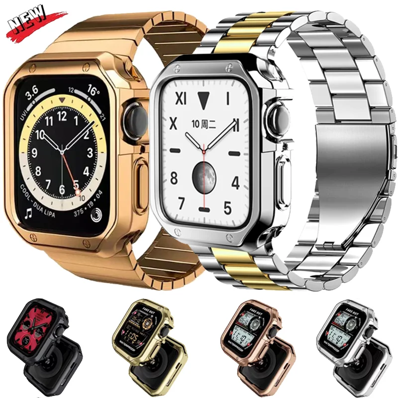 

Металлический ремешок из нержавеющей стали для Apple Watch 9 8 7 6 5 4 SE Универсальный защитный чехол из ТПУ для iWatch 44 мм 42 мм 40 мм 38 мм 45/41 мм