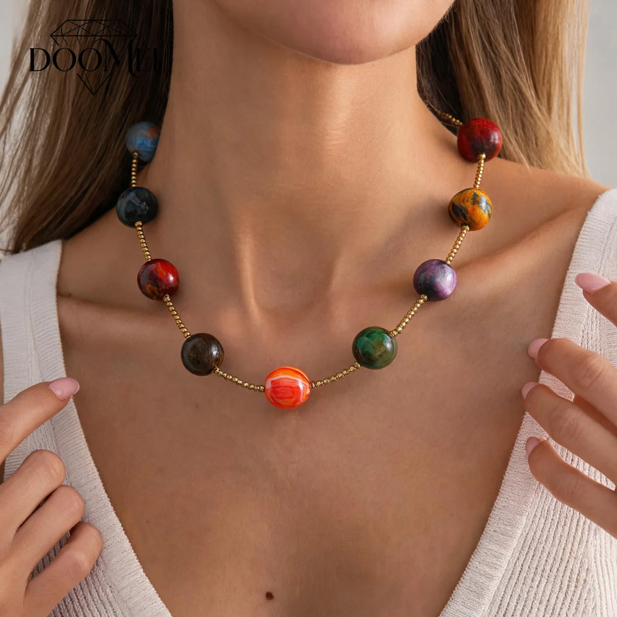 DOO MEI Multi-color Marble Pattern Round Beads Choker Necklace for Women Smooth Resin Smudging Ball Chain Necklace Neck Jewelry